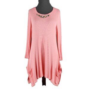 Cass $49 Sz M Peach Jeweled Neck Asymmetric Pockets Rayon Blend Knit Top